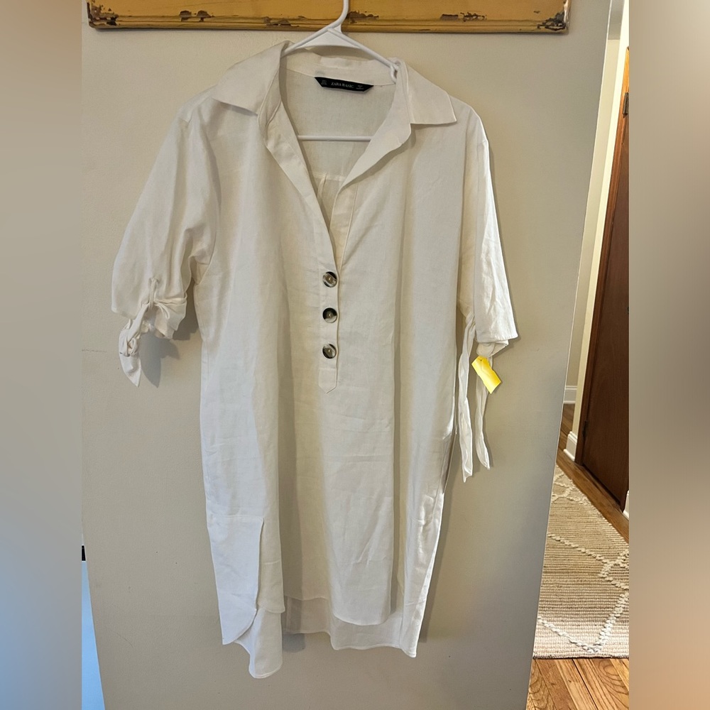 ZARA Linen Tunic Dress w Pockets White NWT